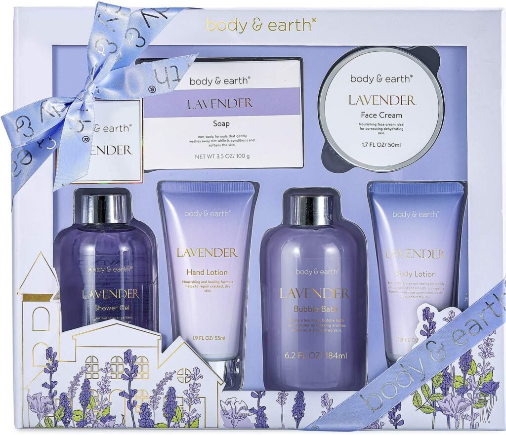 Bath Spa Gifts for Women - Lavender Gift Set, Body  Earth 6 Pcs Bath Gift Sets, Self Care Gifts, Birthday Gifts for Women, Relaxing Spa Gift Basket Set
