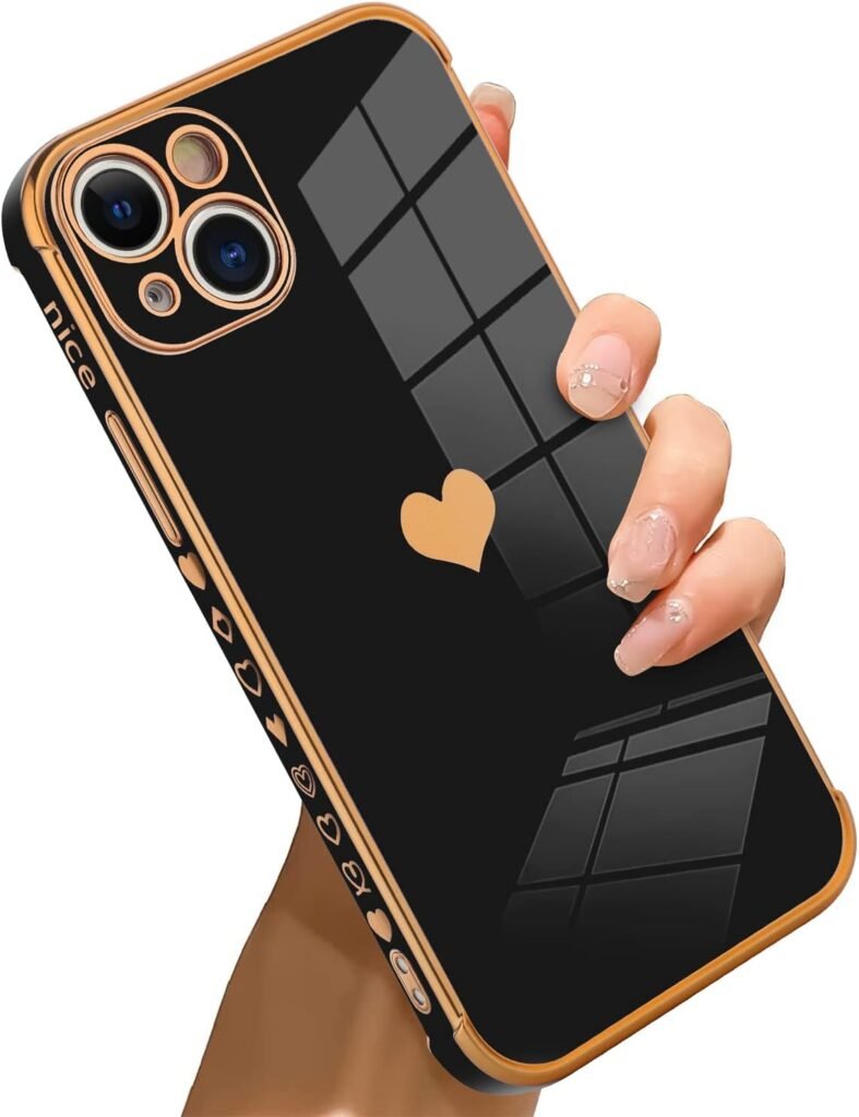 Bonoma Compatible with iPhone 13 Case Love Heart Plating Electroplate Luxury Elegant Case Camera Protector Soft TPU Shockproof Protective Corner Back Cover iPhone 13 Case -Black