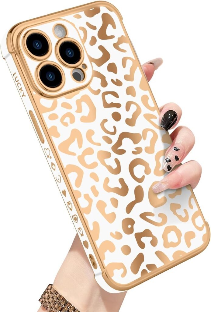 Bonoma Compatible with iPhone 15 Pro Case Leopard Print Plating Electroplate Luxury Elegant Case Camera Protector + Screen Protector Soft TPU Corner Back Plating Cover -White