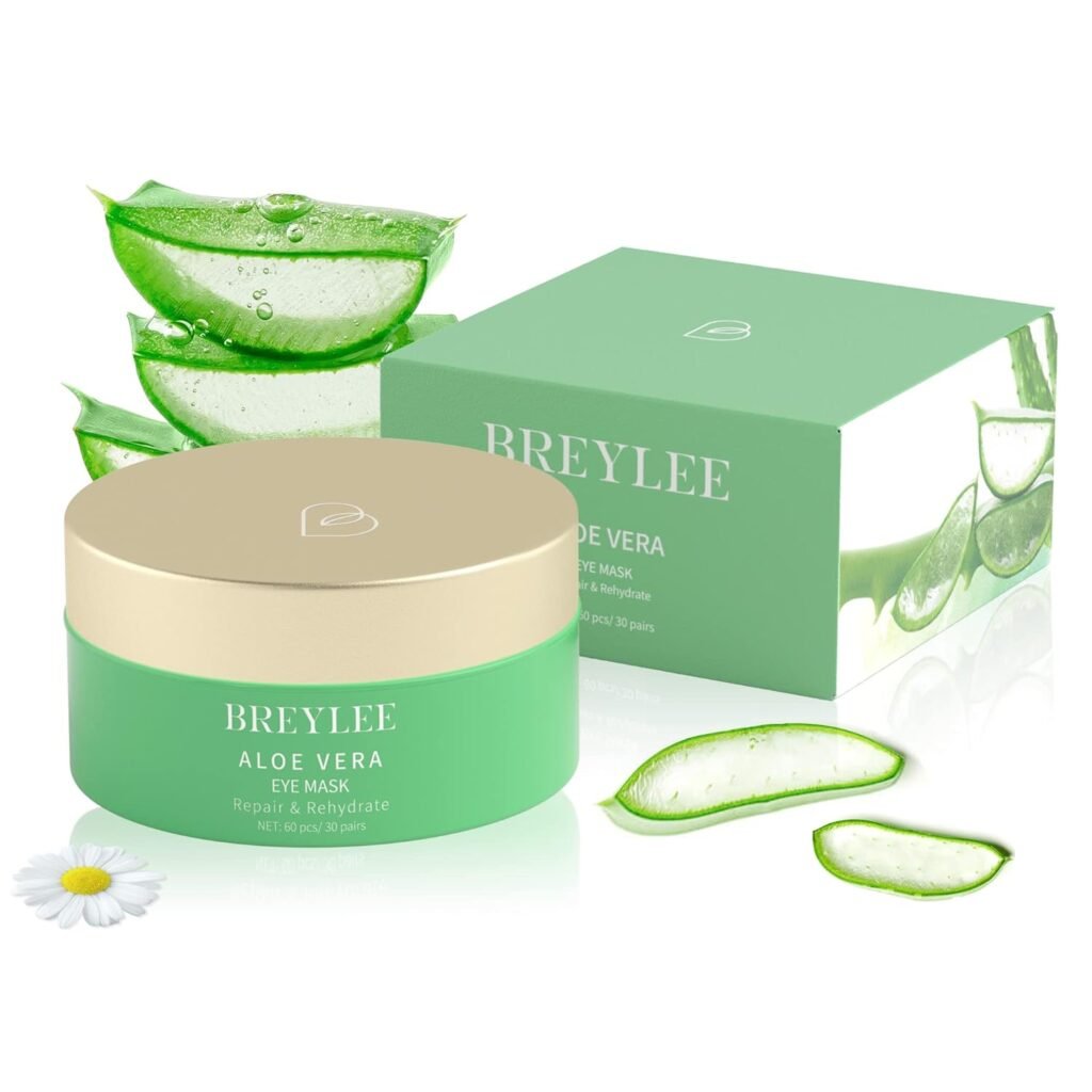 BREYLEE Aloe Vera Eye Masks - 60 Pcs - Reduce Puffy Eyes  Dark Circles, Firm  Improve Under Eye Skin, Pure Natural Extracts for Youthful Appearance  Reduction of Fine Lines and Wrinkles.