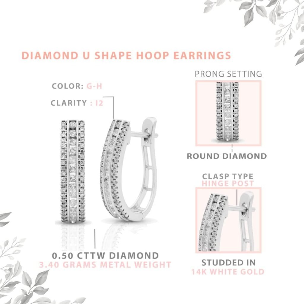 Femme Luxe 0.50 cttw Natural Diamond U Shape Hoop Earrings for Women, 14K White Gold, Hypoallergenic, Giftable Jewelry (Diamond Color: G-H, Clarity: I2)