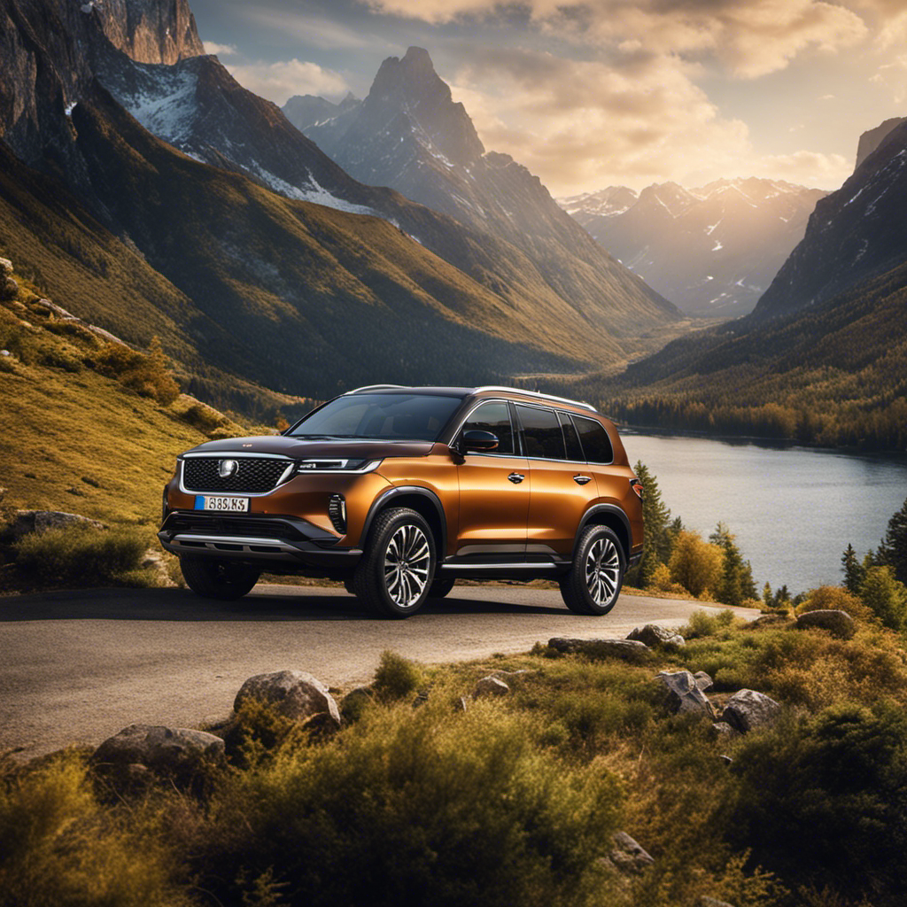 An image showcasing a luxurious 3-row SUV parked on a picturesque mountain road, surrounded by breathtaking scenery