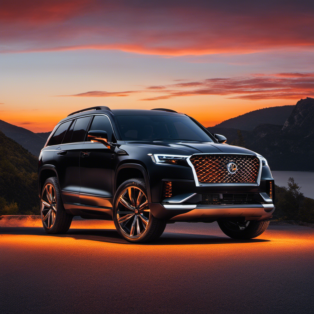 An image showcasing a sleek Luxury 3 Row SUV enveloped in a vibrant sunset glow, highlighting its Advanced Safety Technology with a grid of illuminated sensors, adaptive headlights, and a blind-spot monitoring system