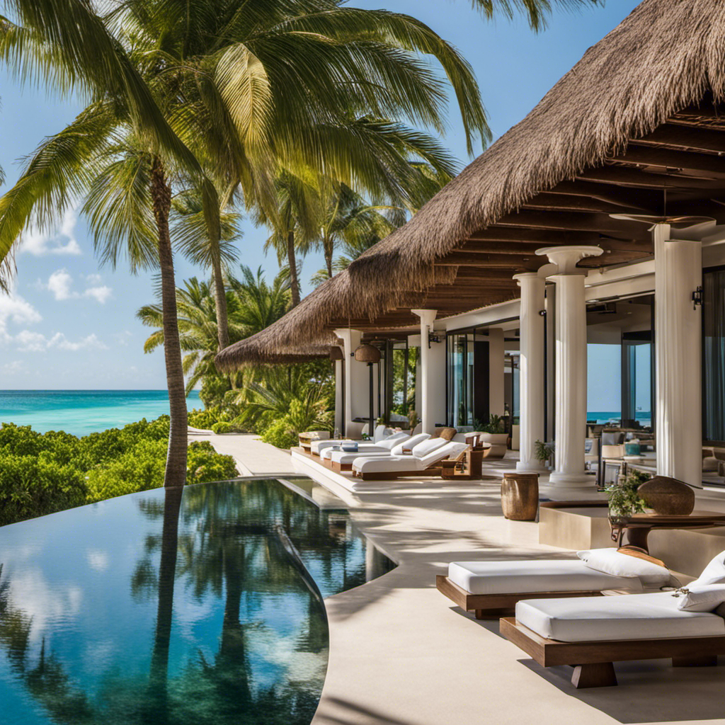 An image showcasing the epitome of luxury coastal vacations: a serene private beachfront villa with a breathtaking infinity pool, surrounded by lush palm trees, while a dedicated concierge attends to guests' every need