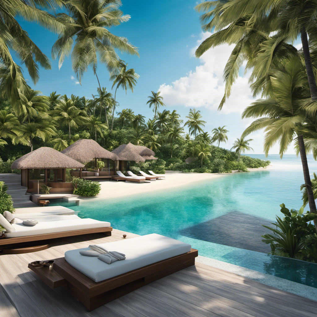 An image showcasing a secluded beachfront villa nestled amidst palm trees and turquoise waters