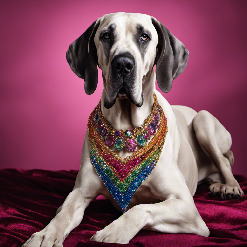 An image showcasing opulent glamour: a regal Great Dane adorned in a dazzling crystal-studded collar, reflecting a spectrum of radiant colors, befitting the epitome of luxury