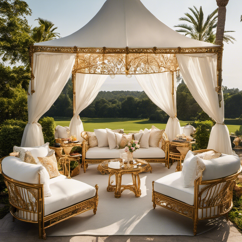 An image showcasing a lavish picnic setup with plush, velvet cushions arranged on a pristine white canopy bed, surrounded by ornate gold chairs, elegant floor cushions, and a charming wicker loveseat