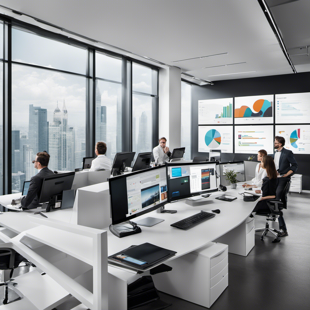 An image featuring a sleek, modern office setting with a team of professionals analyzing data on multiple screens, strategically planning targeted advertising campaigns across various social media platforms