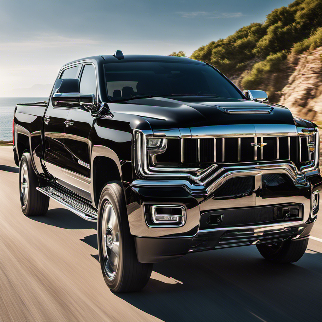 An image capturing a sleek, black luxury truck cruising along a sun-kissed coastal road, embodying power and opulence