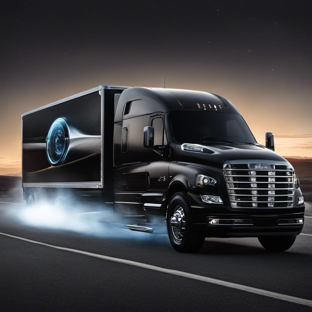 An image featuring a sleek, black luxury truck parked on an open road, surrounded by a high-tech safety bubble