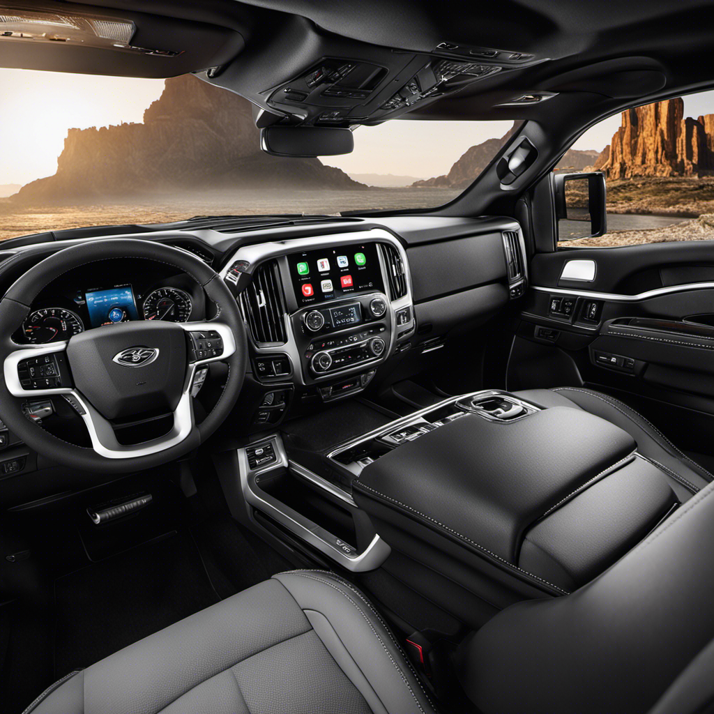 An image showcasing a luxury truck's sleek interior, featuring a state-of-the-art infotainment system with a high-resolution touchscreen display, integrated voice control, advanced navigation, and seamless smartphone connectivity for a truly immersive driving experience