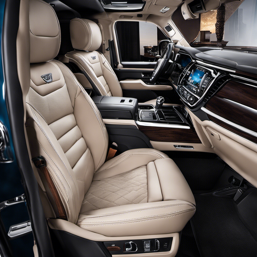 An image showcasing the opulent interior of a luxury truck: plush leather seats with intricate stitching, a state-of-the-art infotainment system with a large touchscreen, and elegant wood trim accents