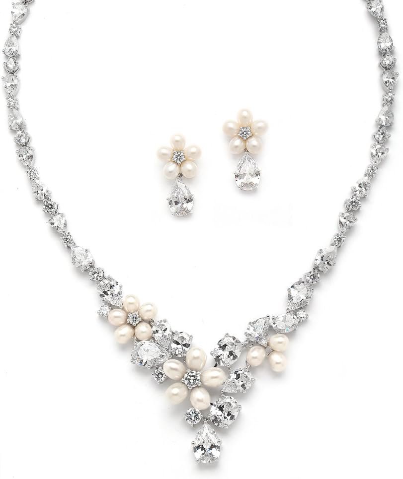 Mariell Cultured Freshwater Pearls  CZ Wedding Necklace and Earrings Set for Brides - Rhodium Plated