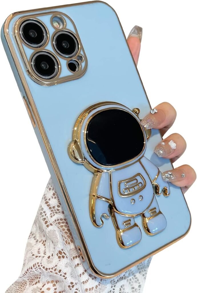 MZELQ Compatible with iPhone 14 Pro Max Case Plating Astronaut Kickstand Cute Pattern Luxury Phone Case Soft TPU Designed for iPhone 14 Pro Max Case Girls Women -Light Blue