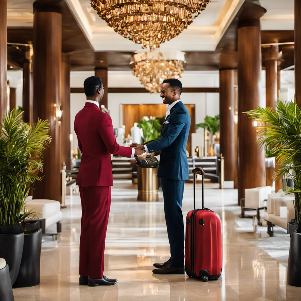 An image showcasing a smiling, elegantly dressed concierge assisting a guest with luggage, while a team of attentive staff members anticipate every need, evoking a sense of personalized attention and exceptional service at Stella Island Luxury Resort & Spa