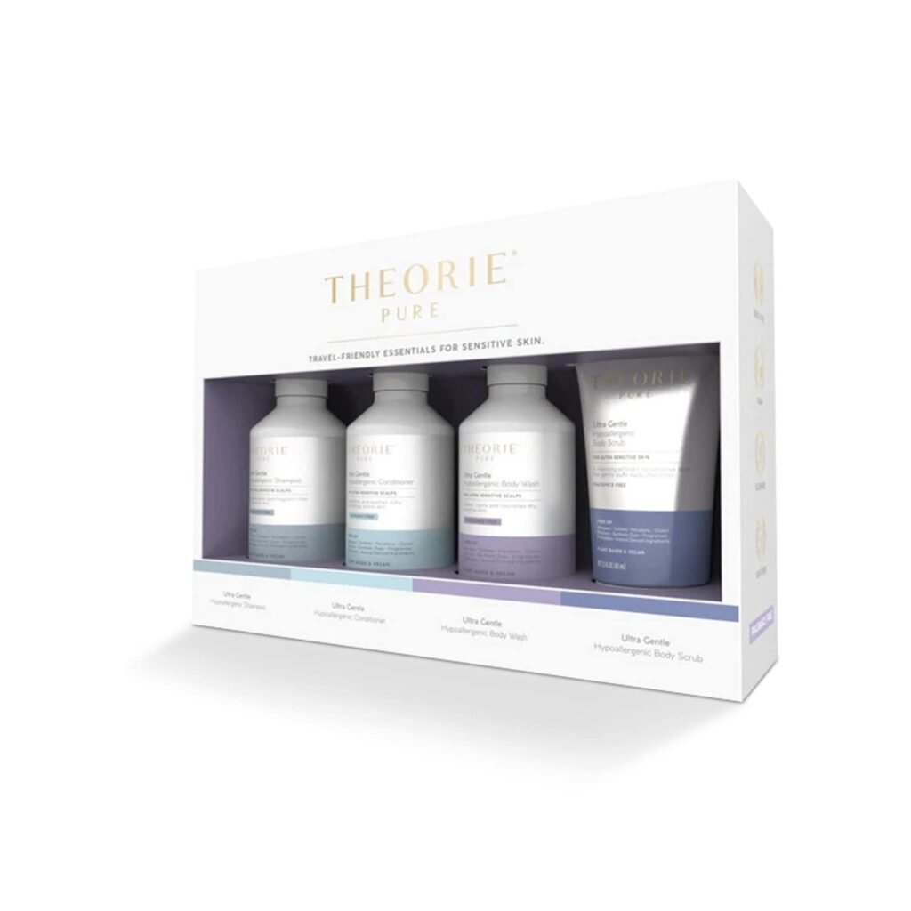 THEORIE PURE Collection Travel Set- Hypoallergenic- Shampoo, Conditioner, Body Wash  Face and Body Scrub- Fragrance and Cruelty Free. Vegan, No Sulfate, Paraben, Phthalate or Synthetic Dyes- Clean Beauty for Hair  Body
