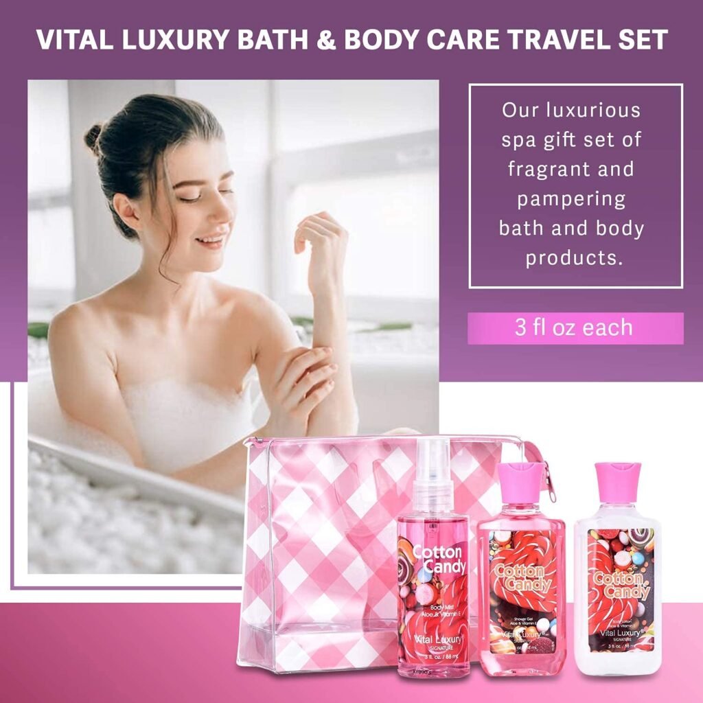 Vital Luxury Cotton Candy Bath  Body Travel Kit, 3 Fl Oz, Ideal Skincare Gift Home Spa Set, Includes Shower Gel, Body Lotion and Fragrance Mist, Christmas Gifts for Your Family and Friends