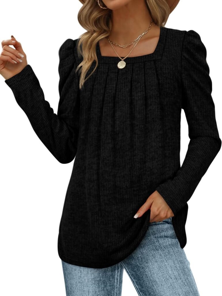 WEESO Womens Sweaters Lightweight Puff Sleeve Pleated Square Neck Tunic Shirts Loose Fit