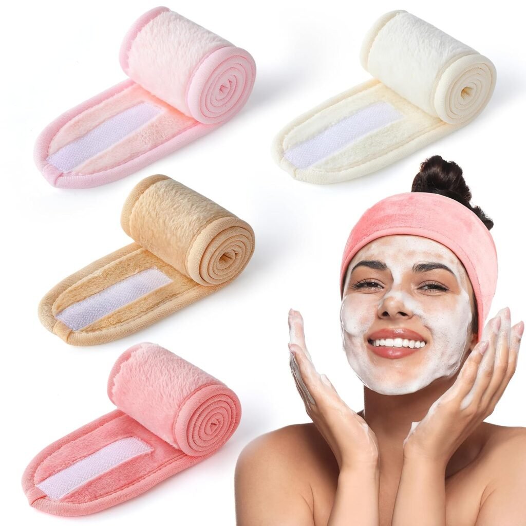 4 Pack Spa Headbands for Women, Lengthened Adjustable Makeup Headbands for Womens Hair, Stretch Flannel Headband for Washing Face, Wrap Towel for Skincare, Facial Mask, Bath and Sport with Magic Tape