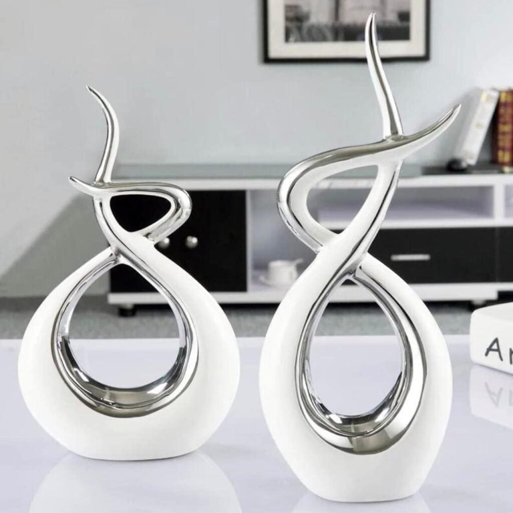 Abstract Ornament – 2 Piece – Ceramic – White and Silver – Home Decor Table Centrepiece – Luxury Freestanding Art Decoration