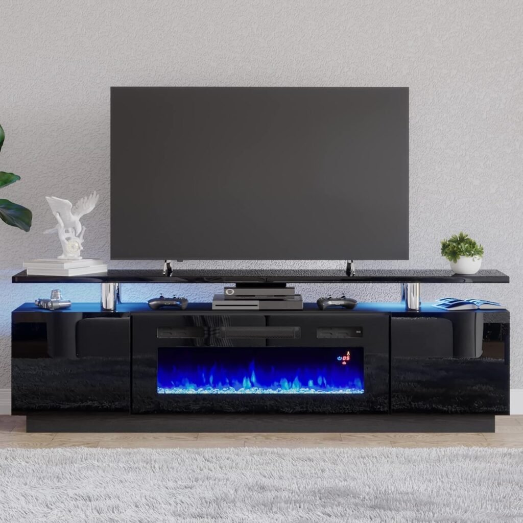 Amerlife Fireplace TV Stand with 36 Fireplace, 70 Modern High Gloss Entertainment Center LED Lights, 2 Tier TV Console Cabinet for TVs Up to 80, Obsidian Black