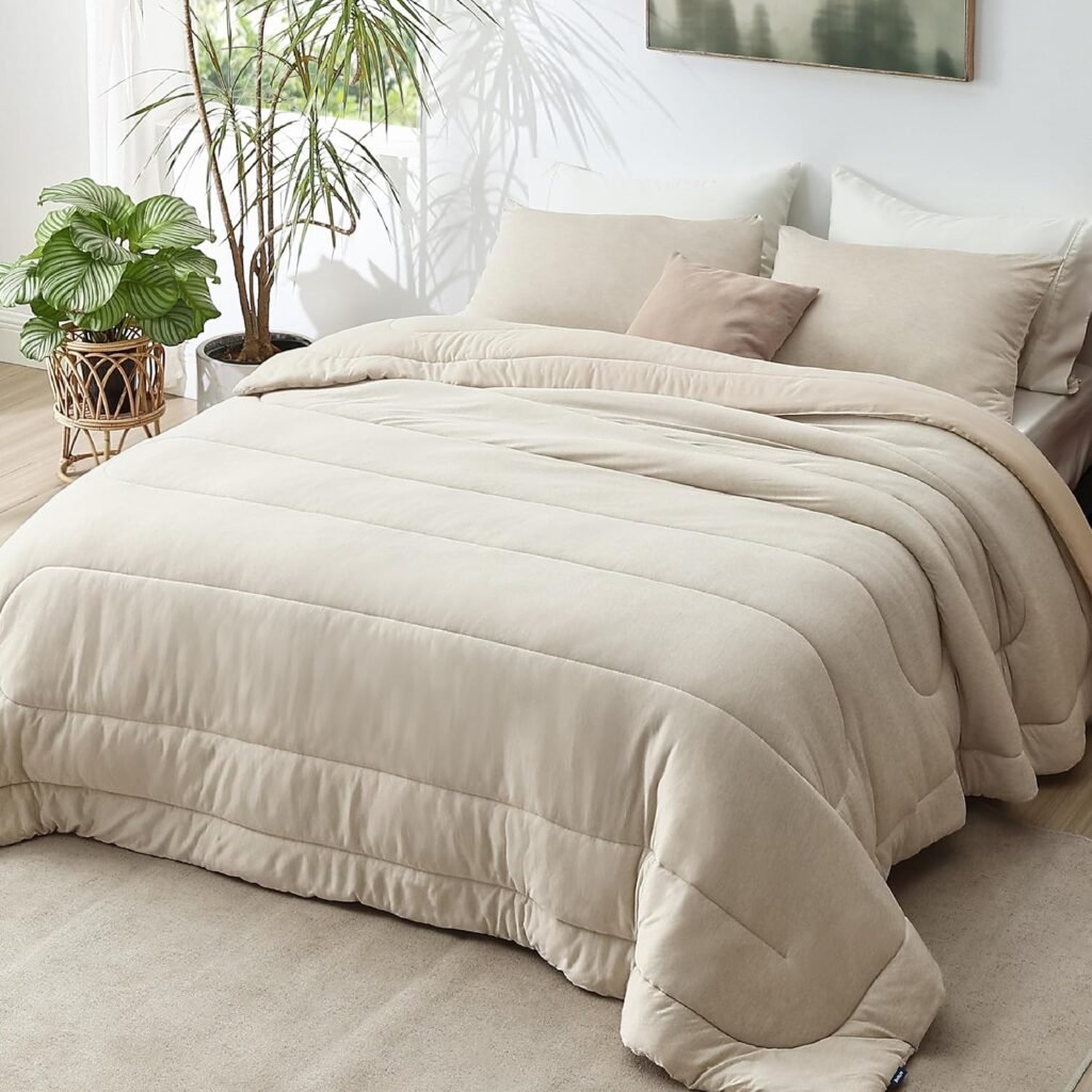 Bedsure Queen Comforter Set - Cooling and Warm Bed Set, Linen Reversible All Season Cooling Comforter, 3 Pieces, 1 Queen Size Comforter (88x88) and 2 Pillow Cases (20x26)