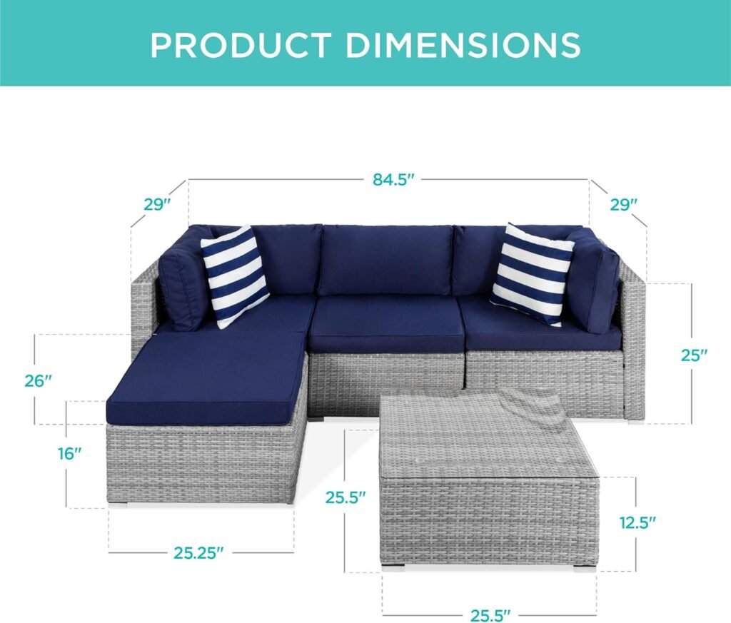 Best Choice Products 5-Piece Modular Conversation Set, Outdoor Sectional Wicker Furniture for Patio, Backyard, Garden w/ 3 Chairs, Ottoman Chair, 2 Pillows, 6 Seat Clips, Coffee Table - Gray/Navy