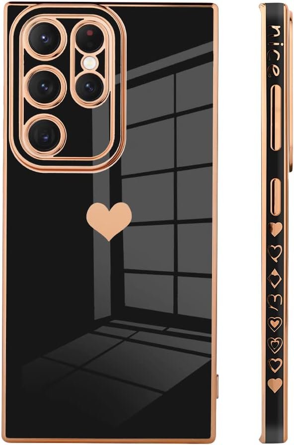 Bonoma Samsung Galaxy S23 Ultra 5G Case Love Heart 6D Plating Electroplate Luxury Elegant Case Camera Protector Soft TPU Shockproof Protective Corner Back Cover -Black