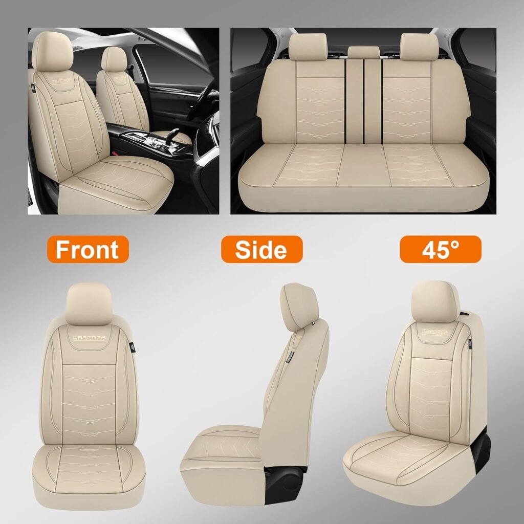 CAROMOP Luxury Leather Car Seat Covers 2 Front Set,Waterproof Faux Leather Automotive Seat Covers for Cars,Universal Car Interior Covers Seat Protectors for Sedans SUVs Pick-up Trucks(Beige/Beige)