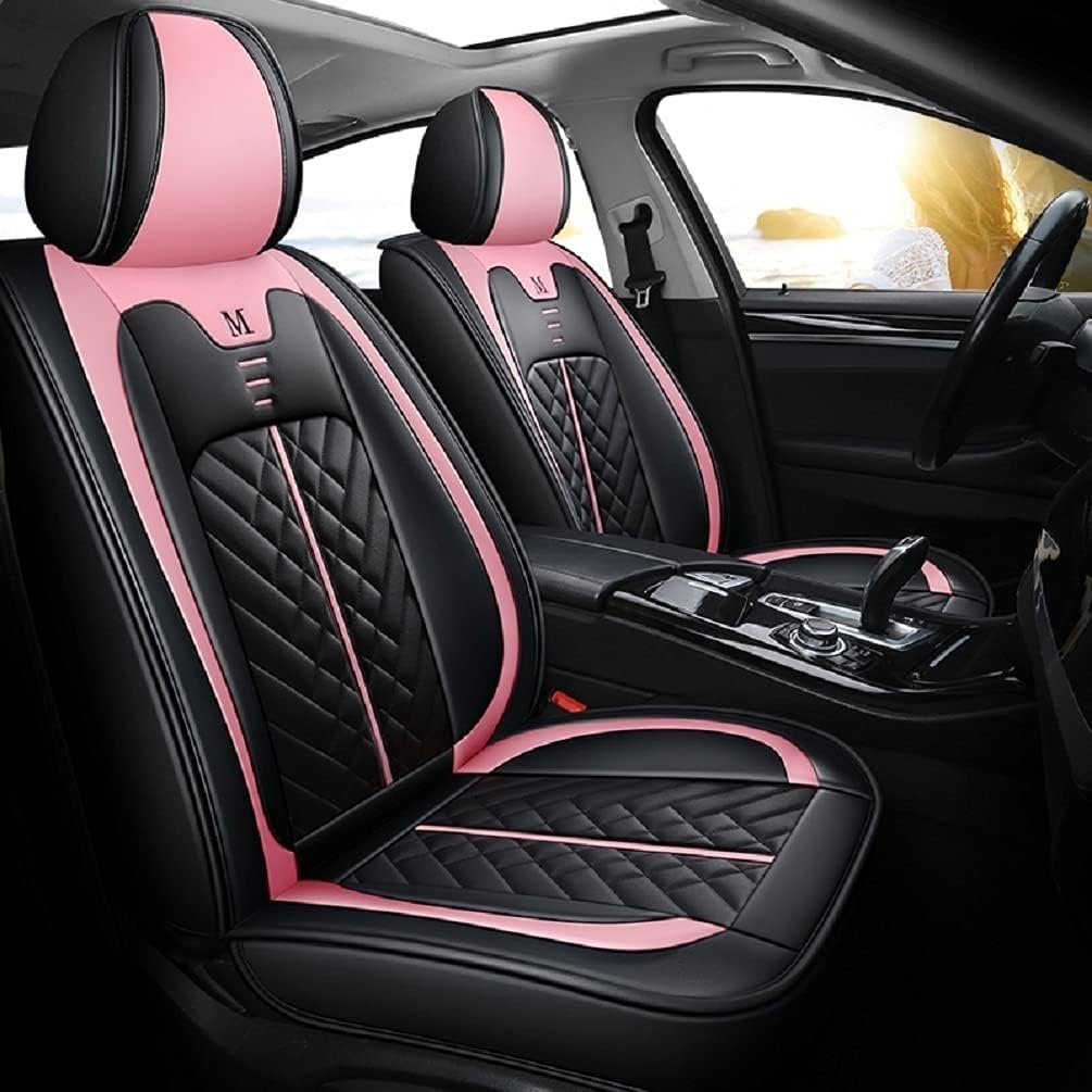 Cartoon Cat Car Seat Covers Luxury PU Leather Universal Auto Front  Rear Seat Protector Sedan SUV 5 Seats Full Set Universal Fit (Black-Pink)