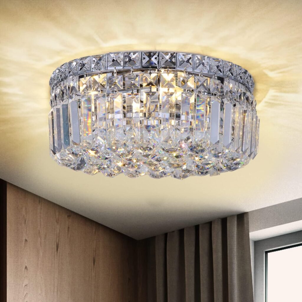 CEENLI 4-Light Crystal Flush Mount Chandelier Light Fixture with K9 Crystals Modern Ceiling Lights Elegant Pendant Lamp for Bedroom,Hallway,Bar,Living Room,Dining Room,H5.9 xW13.7(Bulbs Not Included)