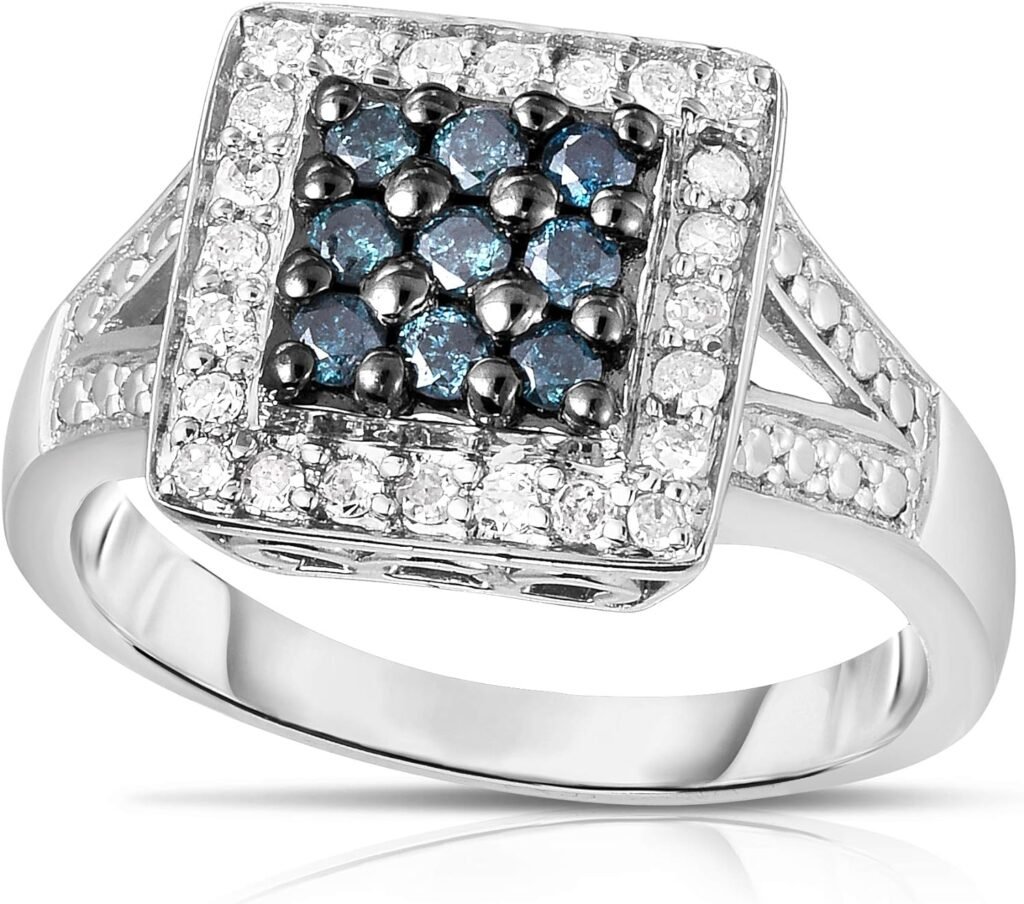 Femme Luxe Margot Square Statement Ring - 0.51 Carats Blue  White Pave Diamonds Square Ring In 925 Sterling Silver, Size 7, Hypoallergenic