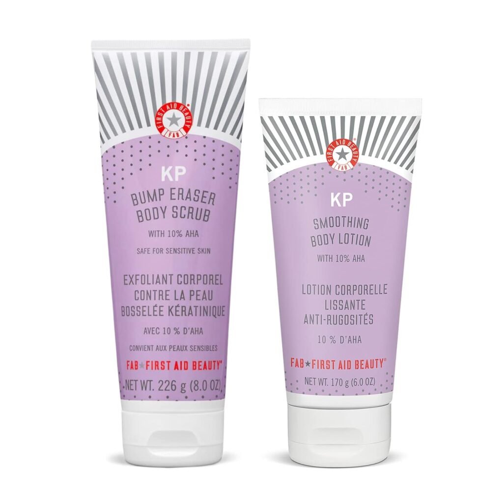 First Aid Beauty KP Bundle: KP Bump Eraser Body Scrub with 10% AHA – 8 oz – and KP Smoothing Body Lotion – 6 oz