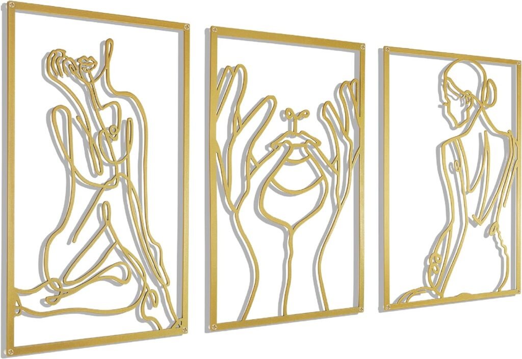 Gold Wall Art Decor for Living Room Bedroom Minimalist Modern Abstract Line Real Thicker Metal Large Room Decor Wall Sculptures for Home Hanging, Gold, Set 3 packs(Gold Women+Face+Back)