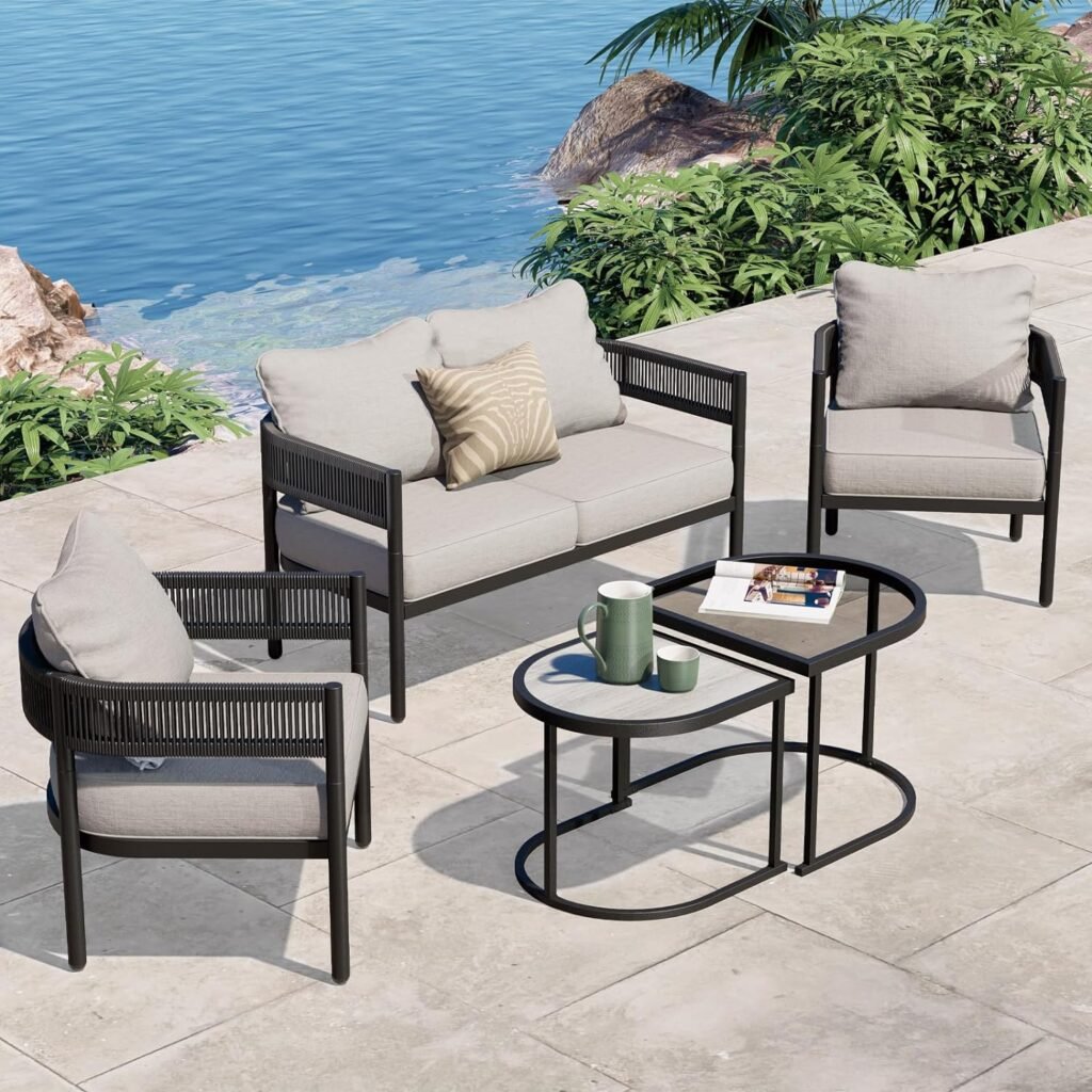 Grand patio 5-Piece Outdoor Conversation Set, Woven Wicker, Steel Frame, with Olefin Cushions and Nested Table, Patio Furniture for Backyard, Beige