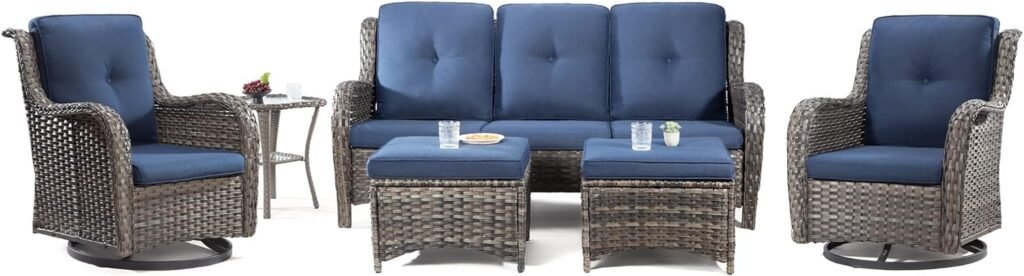 Joyside Wicker Patio Furniture Set 6 Piece Set with 1 Three-Seat Sofa, 2 Swivel Rocker Chairs, 2 Ottomans and 1 Side Table, Outdoor Furniture Patio Conversation Sets(Mixed Grey/Blue)