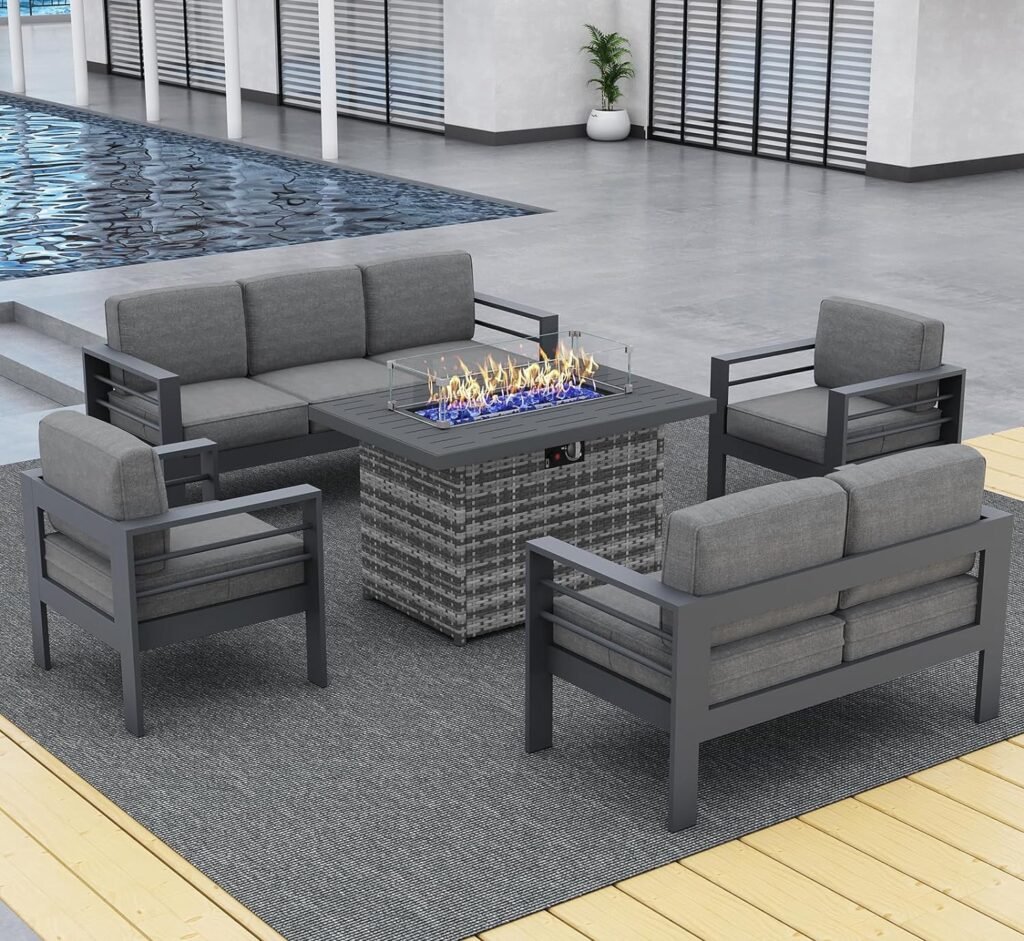 LayinSun Aluminum Furniture Set with Fire Pit Table, 5 Pieces Patio Sectional Conversation Chat Sofa Modern Seating Set
