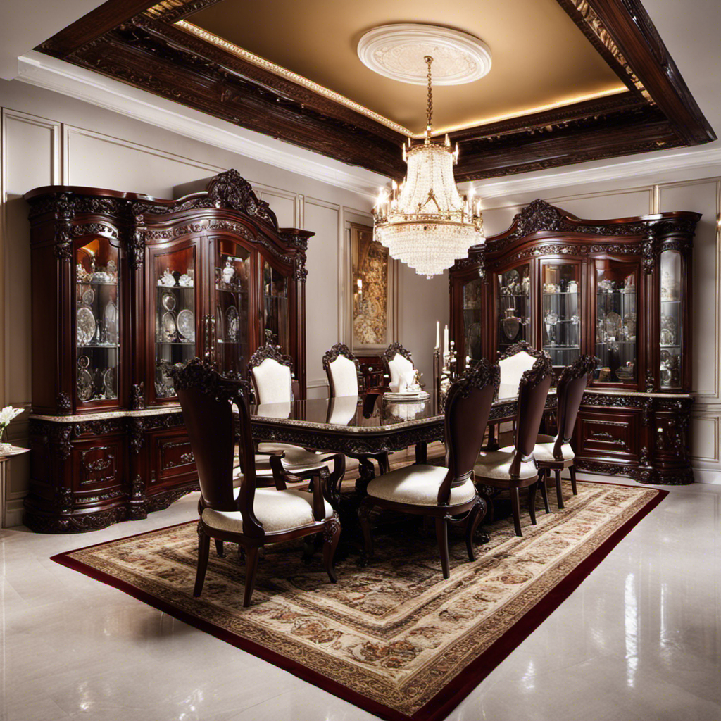 An image showcasing a regal dining room with a mahogany dining table adorned with intricate carvings and a polished marble top