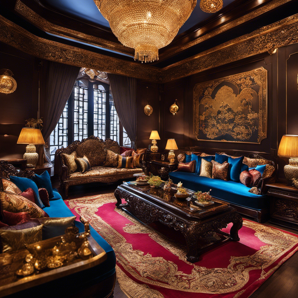 An image showcasing an opulent living room adorned with rich, dark wooden furniture, intricately carved with ornate Asian motifs