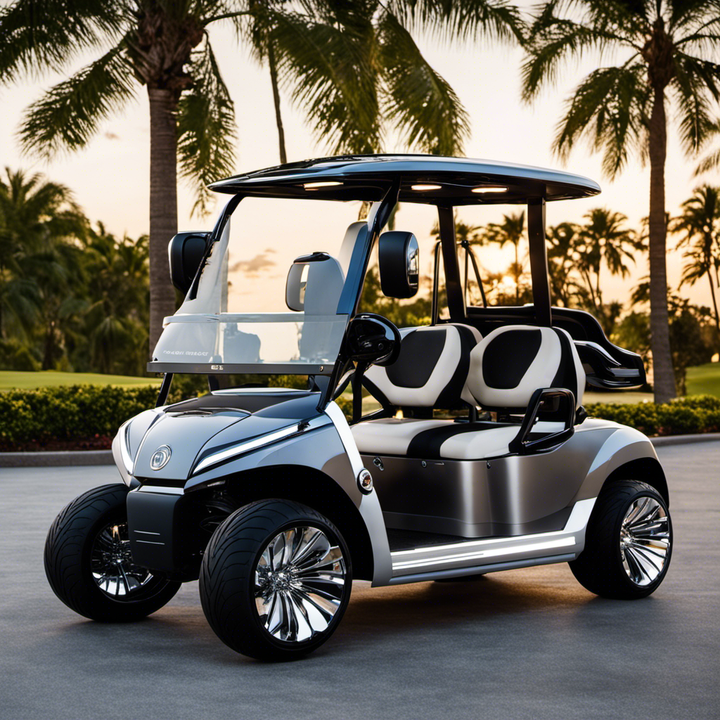 An image that showcases a sleek, futuristic golf cart equipped with cutting-edge technology