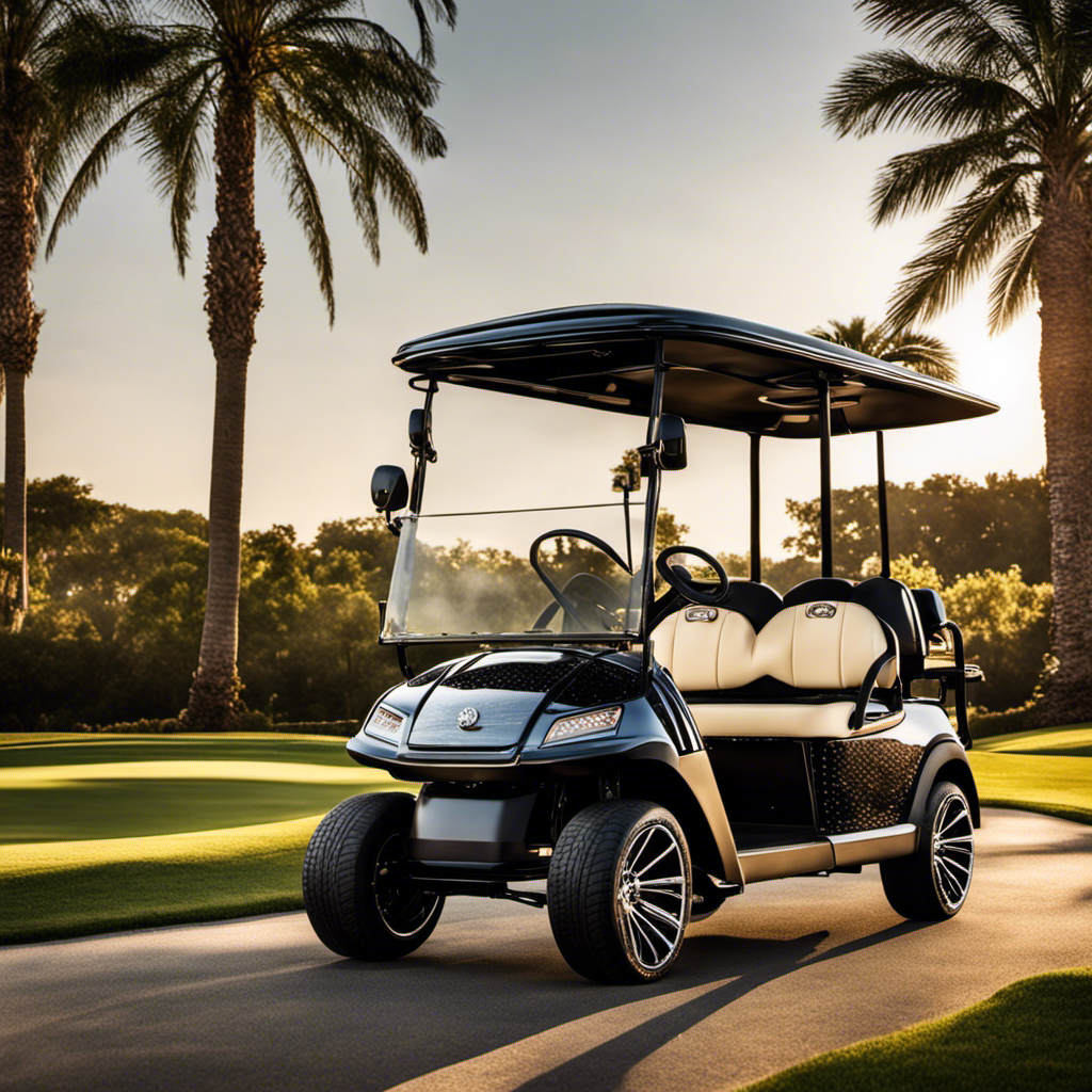 An image showcasing the opulence of luxury golf carts through intricate details: glistening diamond-studded steering wheels, plush leather seats with handcrafted embroidery, and sleek metallic accents, evoking an air of sophistication and exclusivity