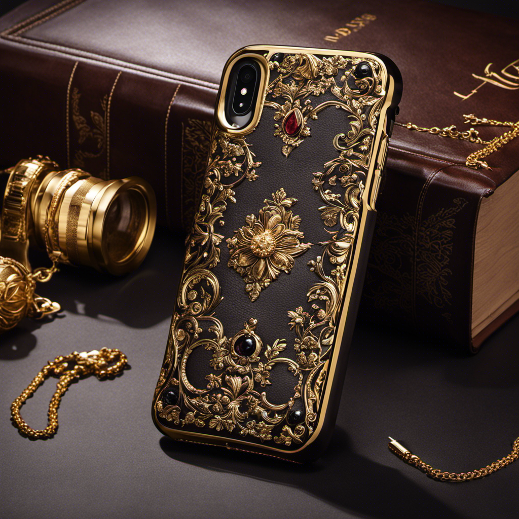 An image showcasing an opulent, handcrafted leather iPhone case adorned with intricate gold embellishments, exuding sophistication and elegance