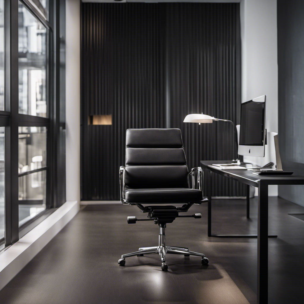An image showcasing a sleek, black leather office chair with plush cushioning and ergonomic design