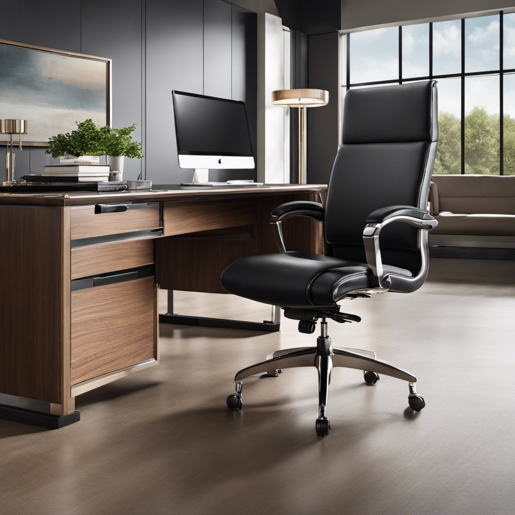 An image showcasing a spacious office with natural lighting, featuring a sleek, ergonomic luxury chair