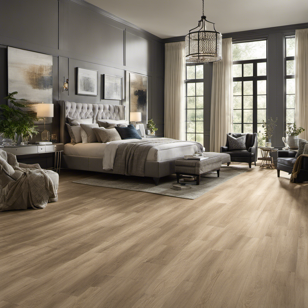 An image illustrating a beautifully decorated room with luxury vinyl plank flooring, showcasing various factors that contribute to its value: durability, realistic wood textures, waterproof features, and easy maintenance