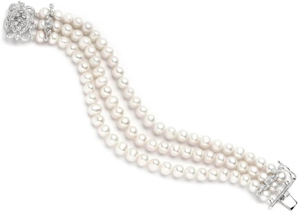 Mariell Genuine Freshwater Pearl 3-Strand Bridal Wedding Bracelet with CZ Safety Clasp, Birthday Gift