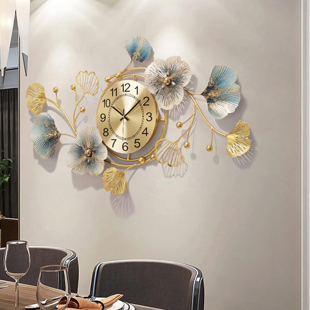 Mroinss Large Decorative Wall Clock, Light Luxury Atmosphere Ginkgo Leaf Quartz Clock with Silent Movement, Wall Decor for Living Room Bedroom Office Space,83x48x4cm