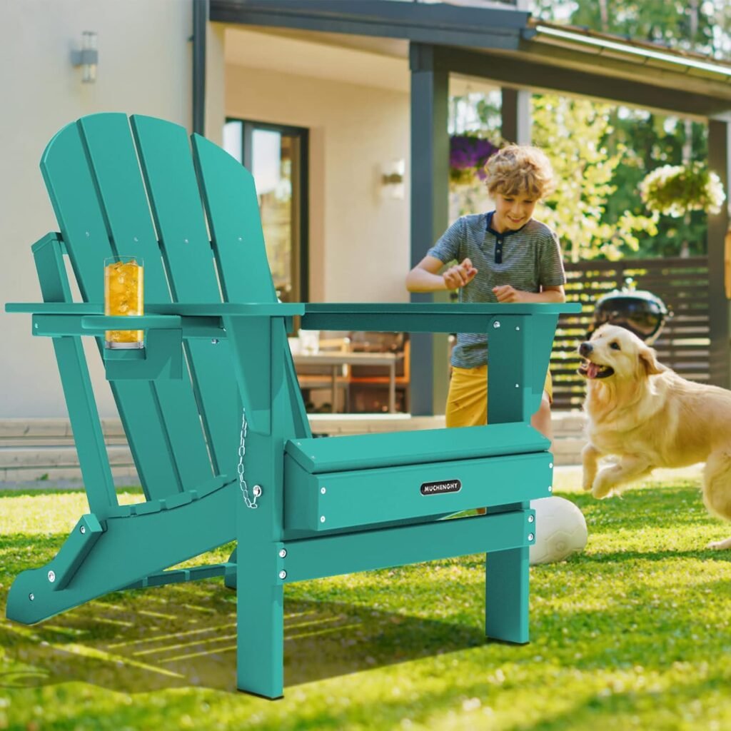 MUCHENGHY Folding Adirondack Chairs, Patio Chairs, Lawn Chairs, Outdoor Chairs, Adirondack Chair Plastic, Fire Pit Chairs, Weather Resistant with Cup Holder for Deck, Backyard, Garden(Lake Blue)