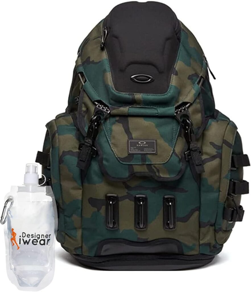 Oakley Mens 34L Kitchen Sink Green Camo Backpack Casual Daypack for Hiking Backpacking Camping Traveling + BUNDLE with Designer iWear Collapsible Water Bottle with Carabiner