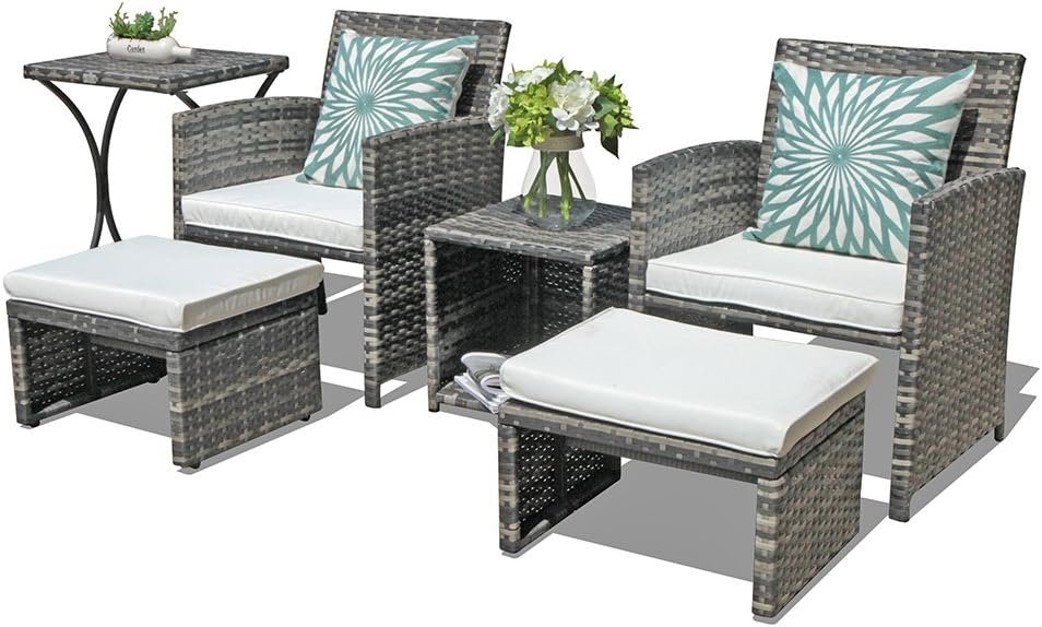 OC Orange-Casual 6 Piece Patio Furniture Conversation Set with Ottoman, Outdoor Grey Wicker Chair and Table Set, Balcony Furniture for Apartments, White